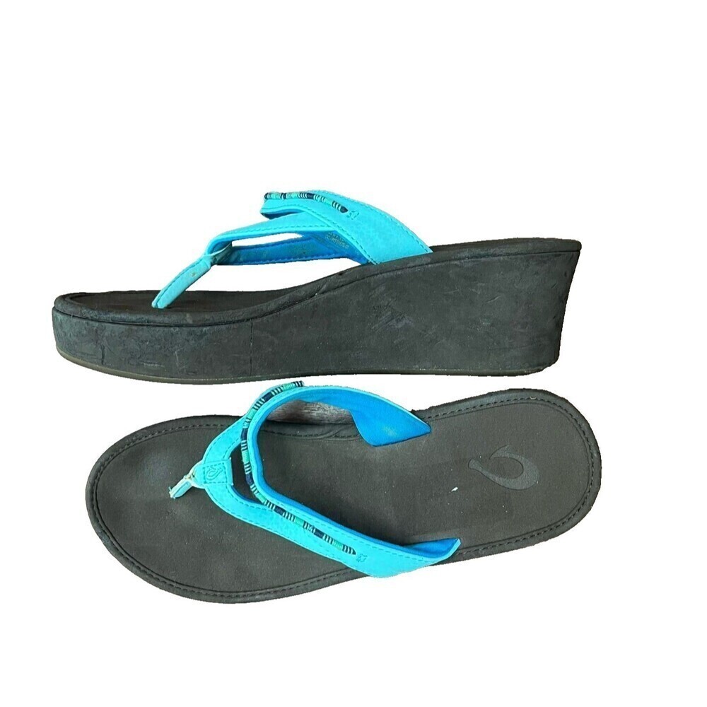 Olukai Auhele-W Women Blue Thong Sandals W 9 Synthetic Rubber Wedge Slip On
